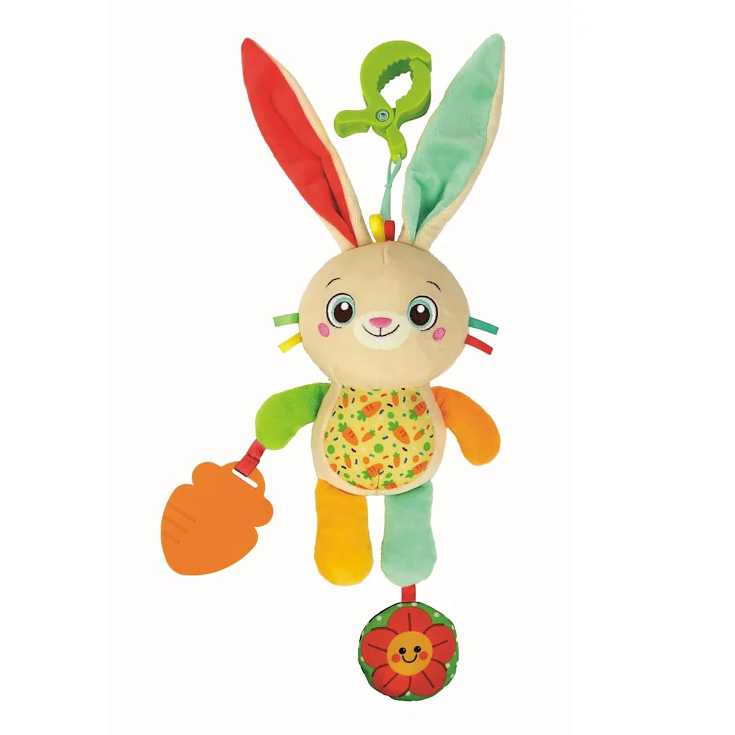 Clementoni Baby Easy-Peasy Soft Bunny Travel Plush Toy for Kids 0+ Months, Rustling Rattle with Crunchy Pendant, Pushchair and Car Clip, Machine Washable, 17622