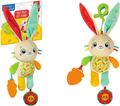 Clementoni Baby Easy-Peasy Soft Bunny Travel Plush Toy for Kids 0+ Months, Rustling Rattle with Crunchy Pendant, Pushchair and Car Clip, Machine Washable, 17622