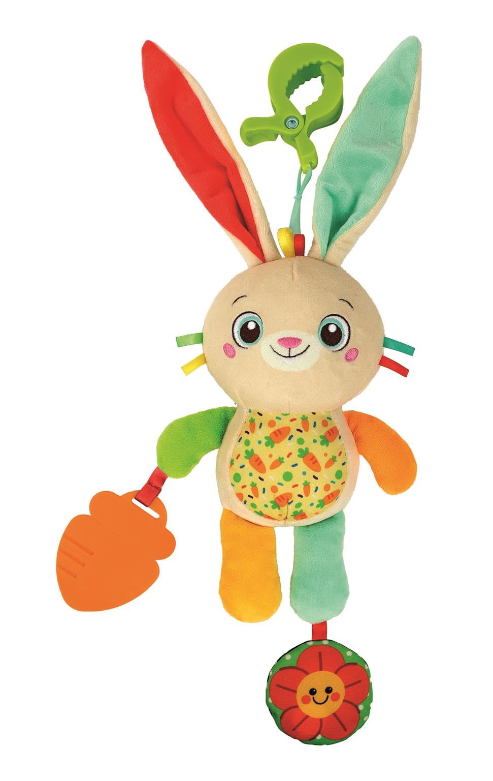 Clementoni Baby Easy-Peasy Soft Bunny Travel Plush Toy for Kids 0+ Months, Rustling Rattle with Crunchy Pendant, Pushchair and Car Clip, Machine Washable, 17622