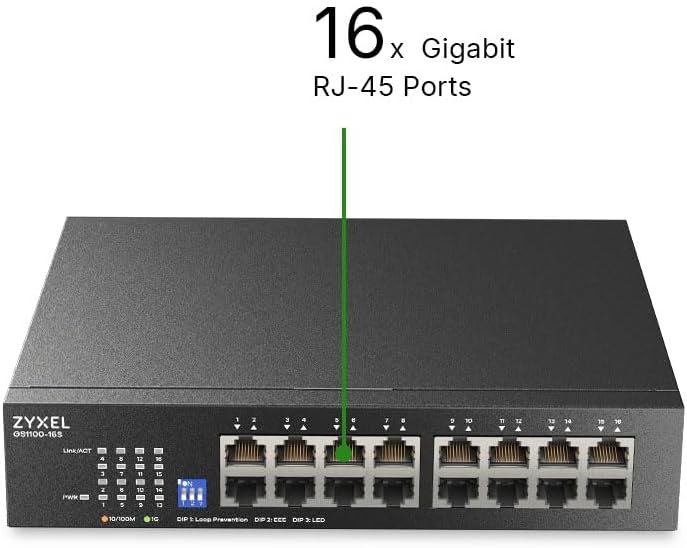Zyxel 16 Port Network Switch | Unmanaged Gigabit Ethernet Switch | 16x GbE Ports | Switchable DIP | Fanless | Wall and Rack Mount Kits Included | GS1100-16S