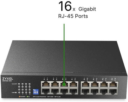 Zyxel 16 Port Network Switch | Unmanaged Gigabit Ethernet Switch | 16x GbE Ports | Switchable DIP | Fanless | Wall and Rack Mount Kits Included | GS1100-16S