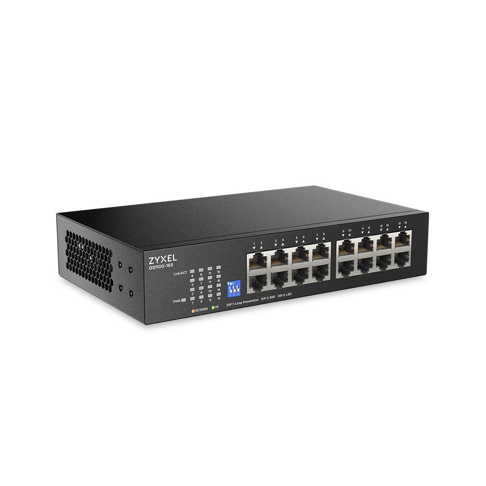 Zyxel 16 Port Network Switch | Unmanaged Gigabit Ethernet Switch | 16x GbE Ports | Switchable DIP | Fanless | Wall and Rack Mount Kits Included | GS1100-16S