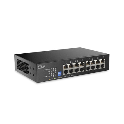Zyxel 16 Port Network Switch | Unmanaged Gigabit Ethernet Switch | 16x GbE Ports | Switchable DIP | Fanless | Wall and Rack Mount Kits Included | GS1100-16S