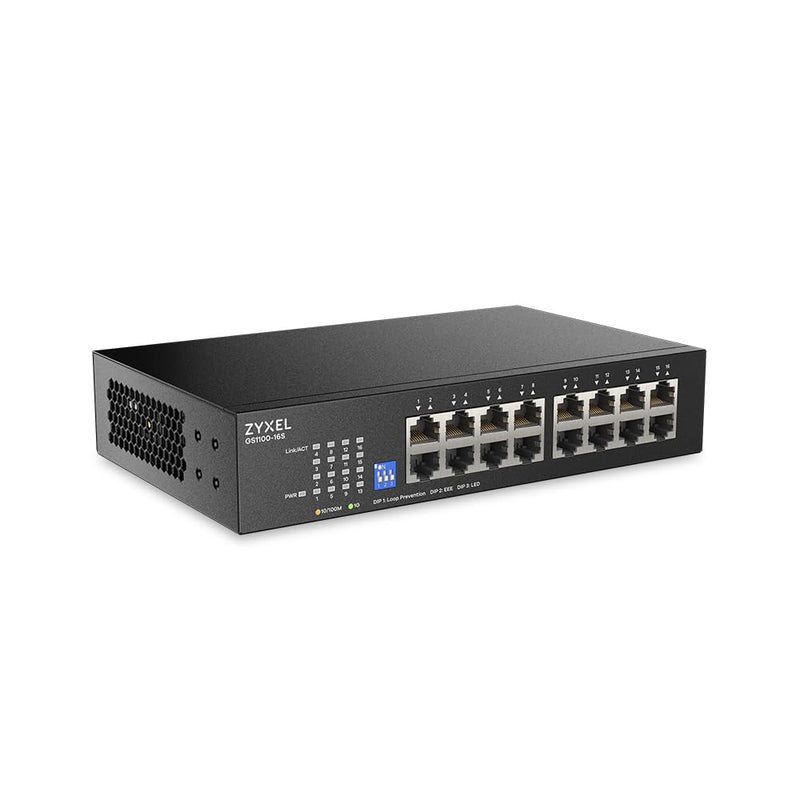Zyxel 16 Port Network Switch | Unmanaged Gigabit Ethernet Switch | 16x GbE Ports | Switchable DIP | Fanless | Wall and Rack Mount Kits Included | GS1100-16S