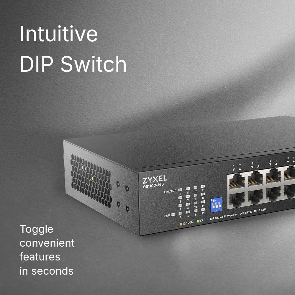 Zyxel 16 Port Network Switch | Unmanaged Gigabit Ethernet Switch | 16x GbE Ports | Switchable DIP | Fanless | Wall and Rack Mount Kits Included | GS1100-16S