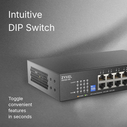 Zyxel 16 Port Network Switch | Unmanaged Gigabit Ethernet Switch | 16x GbE Ports | Switchable DIP | Fanless | Wall and Rack Mount Kits Included | GS1100-16S