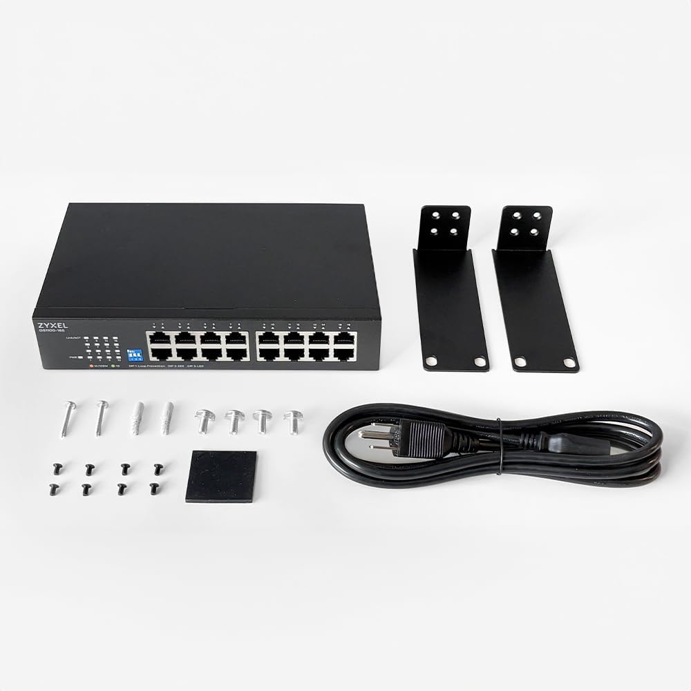 Zyxel 16 Port Network Switch | Unmanaged Gigabit Ethernet Switch | 16x GbE Ports | Switchable DIP | Fanless | Wall and Rack Mount Kits Included | GS1100-16S