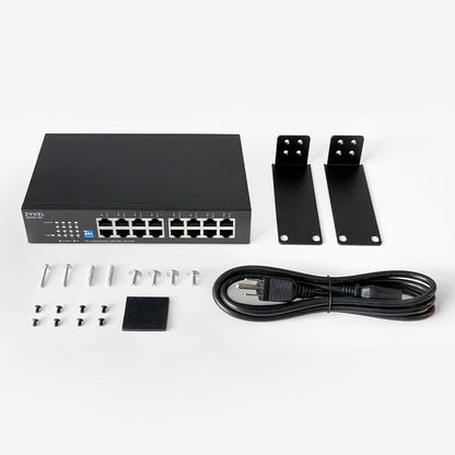 Zyxel 16 Port Network Switch | Unmanaged Gigabit Ethernet Switch | 16x GbE Ports | Switchable DIP | Fanless | Wall and Rack Mount Kits Included | GS1100-16S