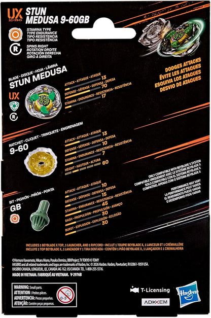 Beyblade X Stun Medusa 9-60GB UX Starter Pack Set with Takara Tomy Stamina Type Top and Launcher, Battling Tops Game Toys, Ages 8+