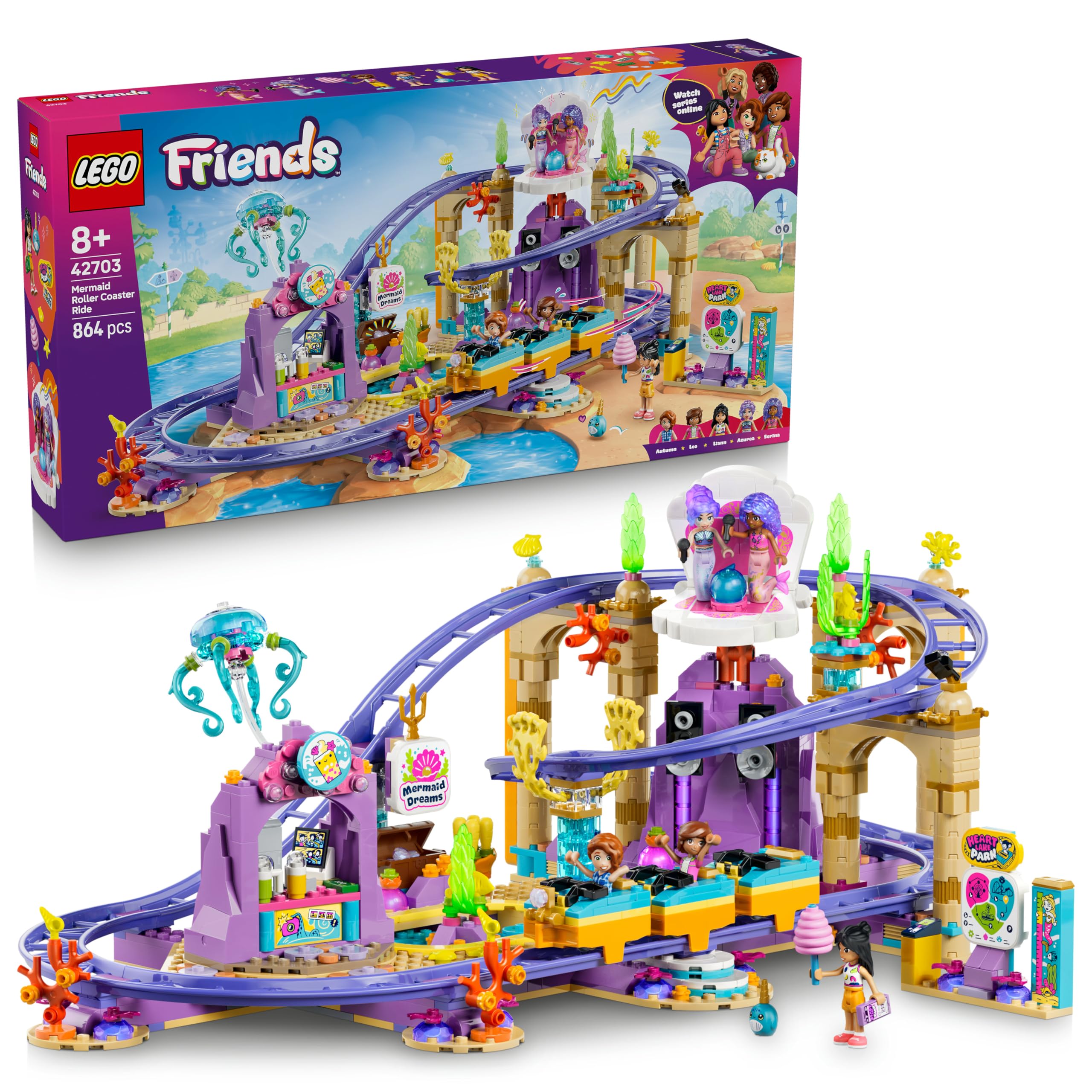 LEGO Friends Zeemeerminnenachtbaan Speelgoed voor Kinderen vanaf 8 Jaar - Bouwpakket met 5 Poppetjes, Bubbeltheekraam, Schelpenpodium en Zwembad - Cadeau voor Meisjes en Jongens - 42703