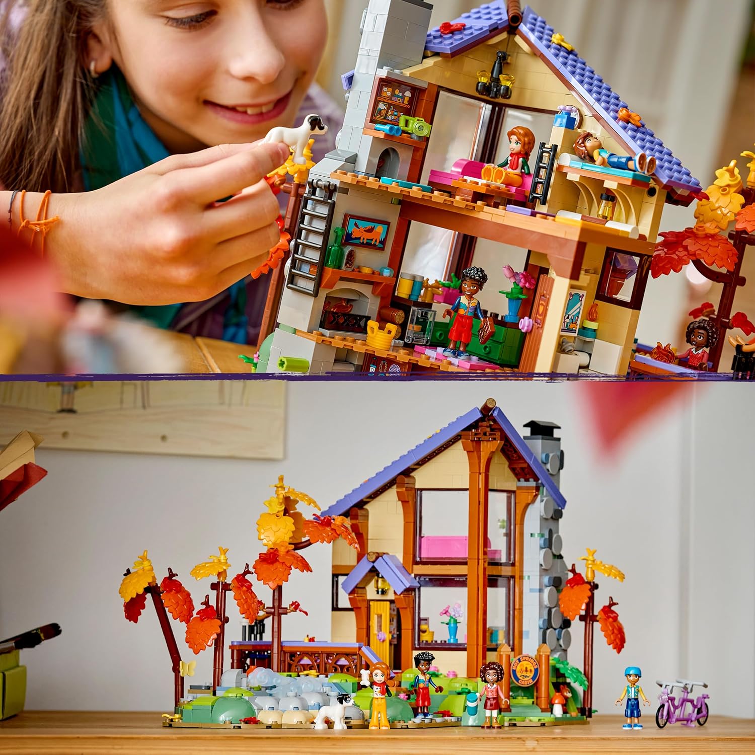 LEGO Friends Gezellige Boshut in de Herfst Bouwpakket voor Kinderen Vanaf 9 Jaar met 4 Poppenhuis Poppetjes en Speelgoed Dieren Figuren van Hond en Eekhoorn - Cadeau voor Meisjes en Jongens 42705