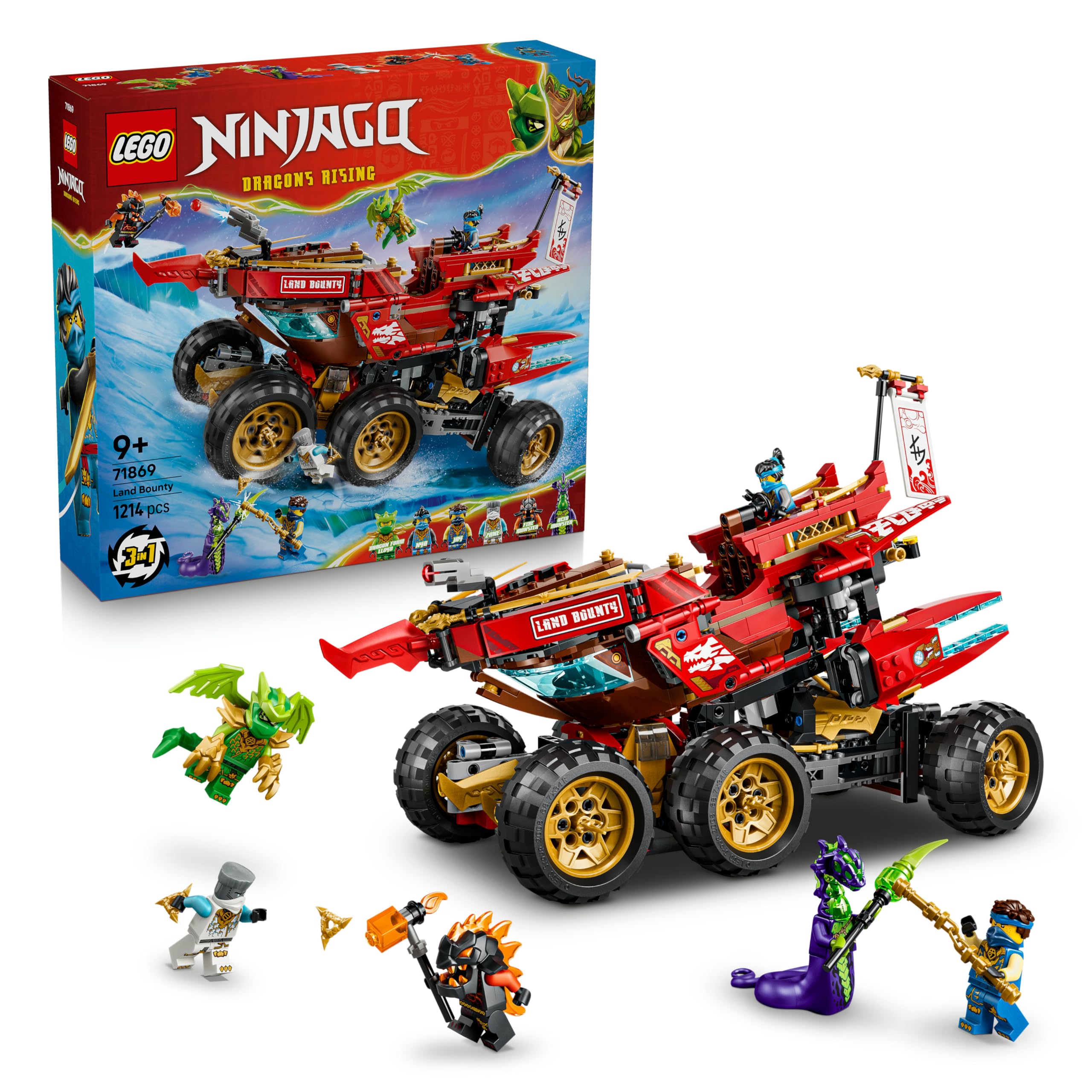 LEGO NINJAGO Land-Bounty - Bouwpakket voor Kinderen Vanaf 9 Jaar met 3 Voertuigen en 6 Minifiguren - Incl. Speelgoed Motor, Terreinbuggy en Schip - Cadeau voor Jongens en Meisjes - 71869