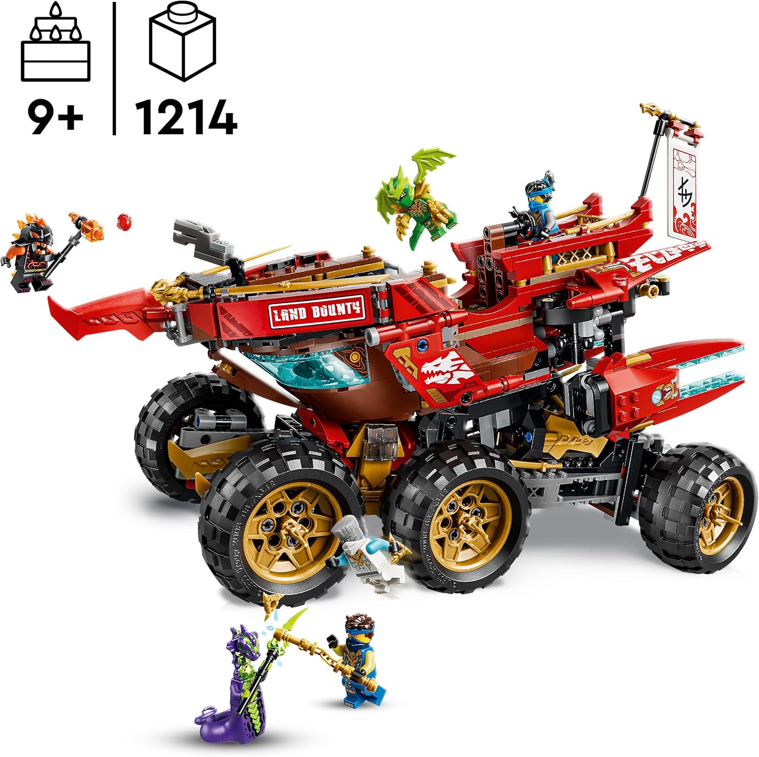 LEGO NINJAGO Land-Bounty - Bouwpakket voor Kinderen Vanaf 9 Jaar met 3 Voertuigen en 6 Minifiguren - Incl. Speelgoed Motor, Terreinbuggy en Schip - Cadeau voor Jongens en Meisjes - 71869