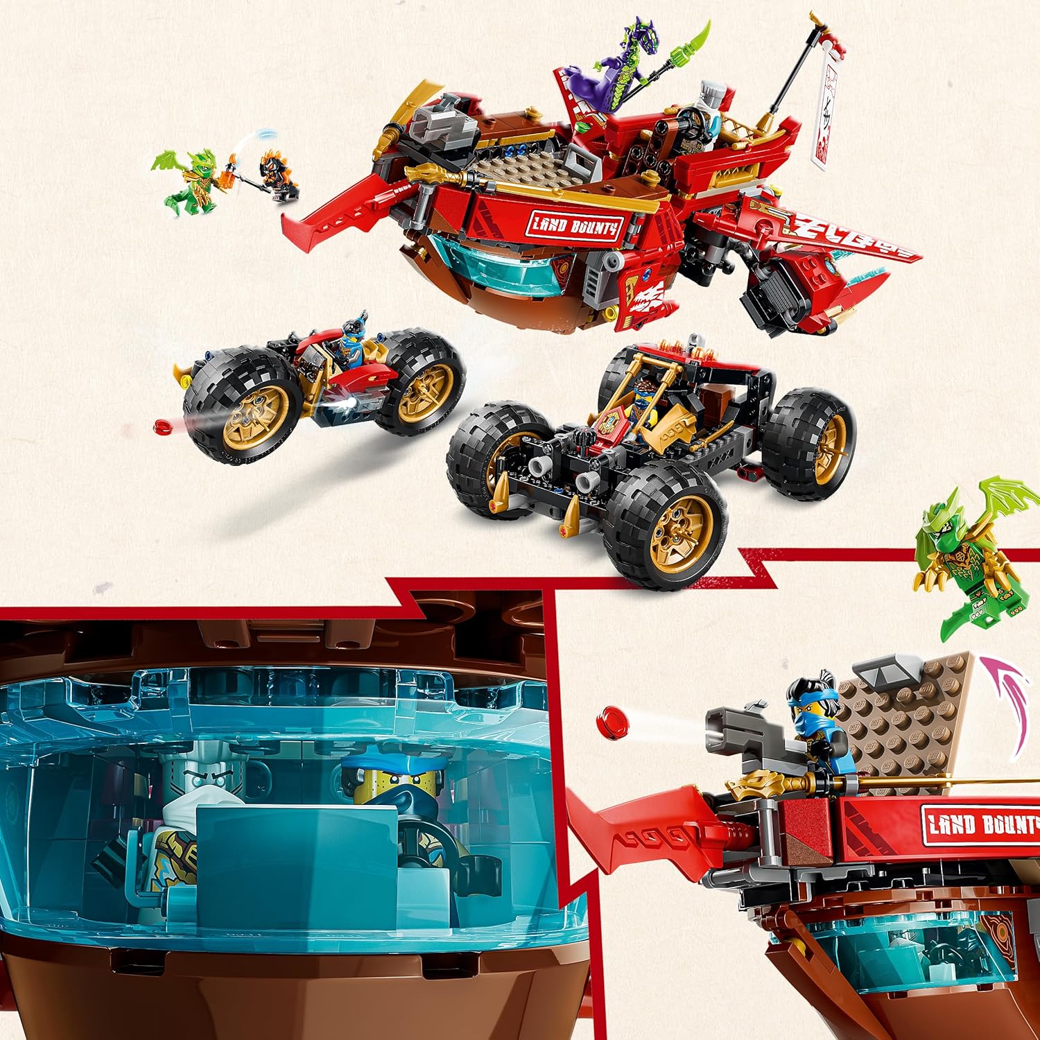 LEGO NINJAGO Land-Bounty - Bouwpakket voor Kinderen Vanaf 9 Jaar met 3 Voertuigen en 6 Minifiguren - Incl. Speelgoed Motor, Terreinbuggy en Schip - Cadeau voor Jongens en Meisjes - 71869