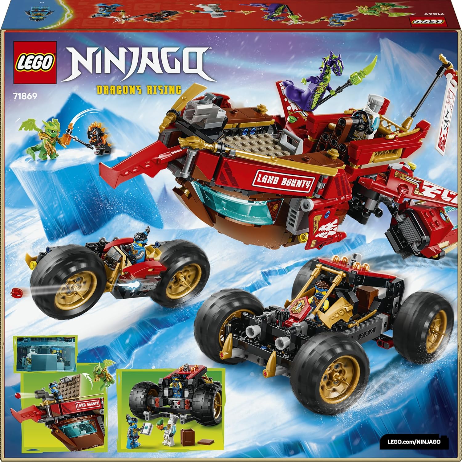 LEGO NINJAGO Land-Bounty - Bouwpakket voor Kinderen Vanaf 9 Jaar met 3 Voertuigen en 6 Minifiguren - Incl. Speelgoed Motor, Terreinbuggy en Schip - Cadeau voor Jongens en Meisjes - 71869