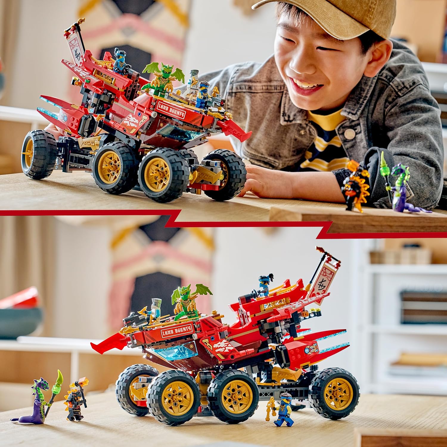 LEGO NINJAGO Land-Bounty - Bouwpakket voor Kinderen Vanaf 9 Jaar met 3 Voertuigen en 6 Minifiguren - Incl. Speelgoed Motor, Terreinbuggy en Schip - Cadeau voor Jongens en Meisjes - 71869