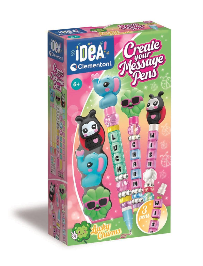 Clementoni Idea Create Your Message Pens Lucky Charms, creatieve set voor kinderen vanaf 6 jaar, pennen met magische berichten en geluksbrenger-bedels, 18402