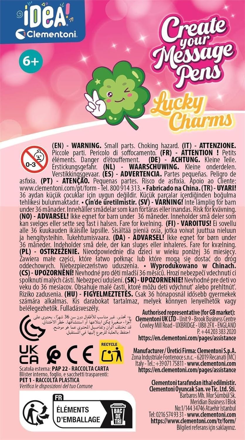 Clementoni Idea Create Your Message Pens Lucky Charms, creatieve set voor kinderen vanaf 6 jaar, pennen met magische berichten en geluksbrenger-bedels, 18402
