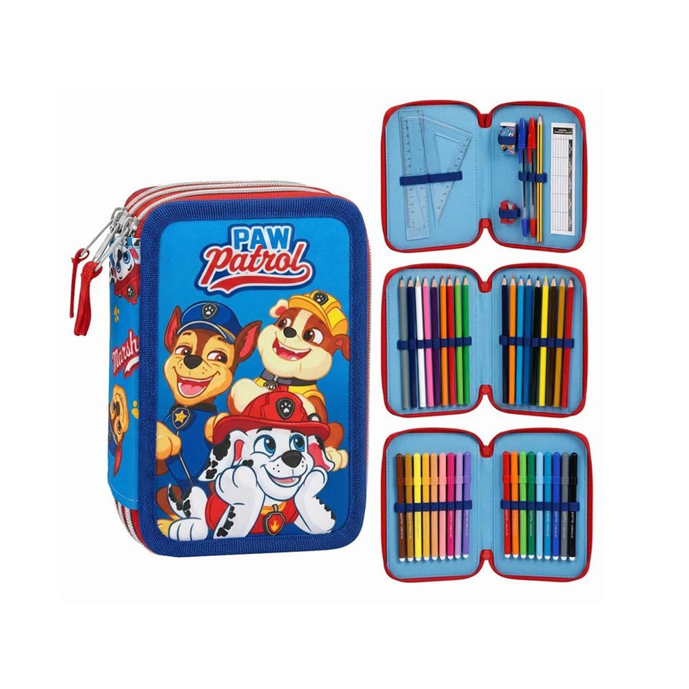 Paw Patrol Pencil Case with Accessories for Boys and Girls – School Pencil Case Double Zip Blue with Stationery Set (Pencils, Markers, Ruler), Official License, Back to School