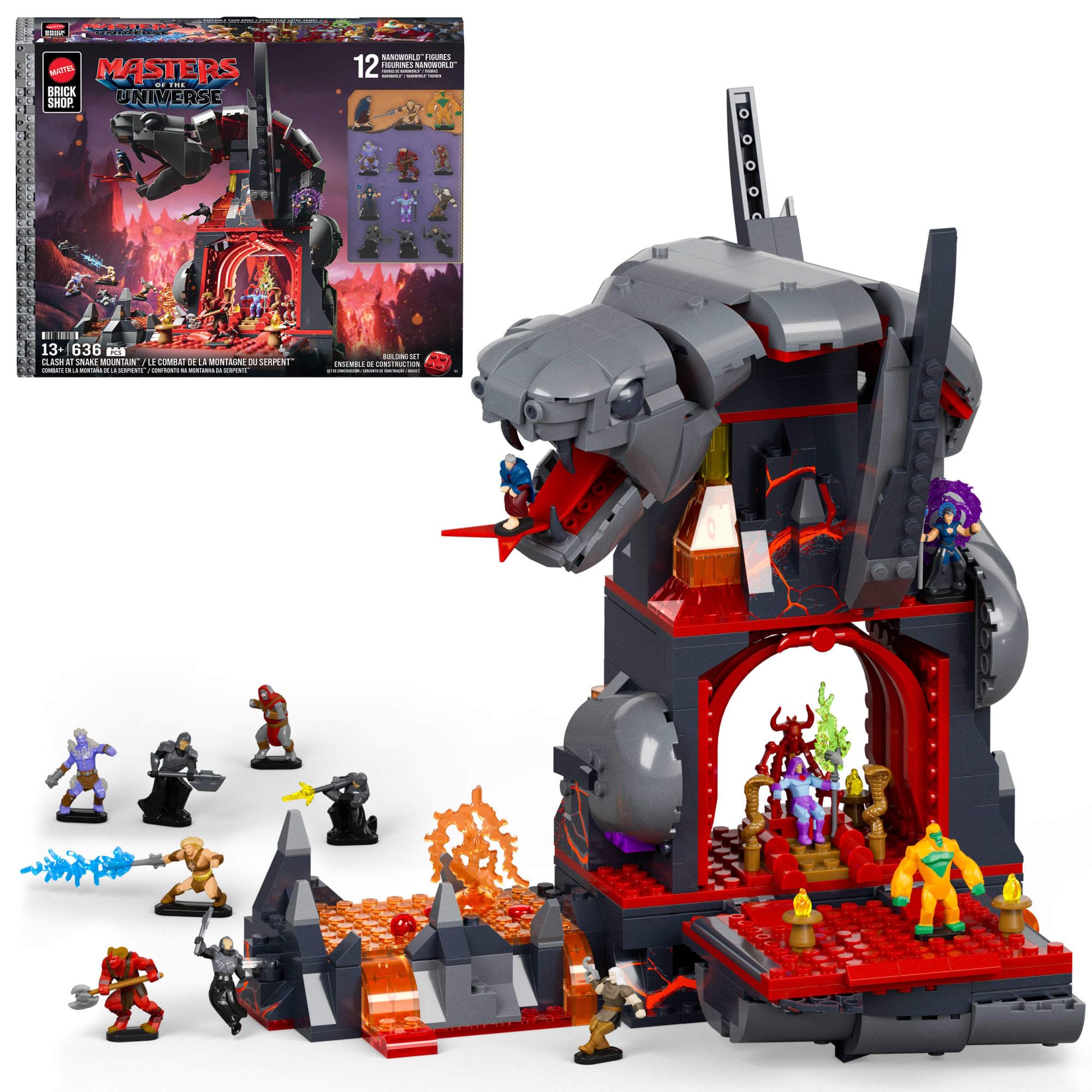 Mattel Brick Shop Masters of the Universe, Scontro alla Snake Mountain con 636 pezzi e 12 personaggi, per collezionisti adulti e ragazzi dai 13 anni in su, JMB31