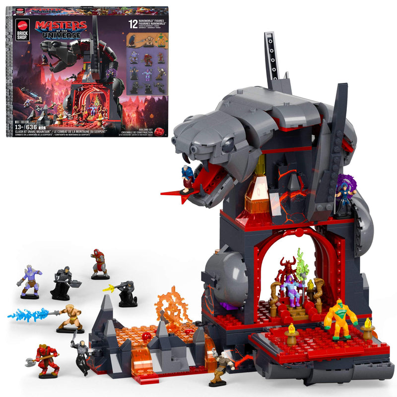 Mattel Brick Shop Masters of the Universe, Scontro alla Snake Mountain con 636 pezzi e 12 personaggi, per collezionisti adulti e ragazzi dai 13 anni in su, JMB31
