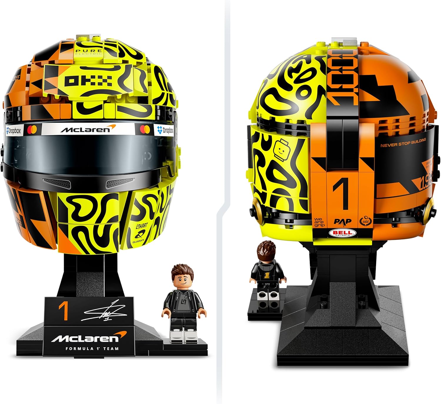 LEGO Editions McLaren Mastercard F1 Team Lando Norris Helmet - F1 Merchandise - Display Model Kit w/Collectible Minifigure - Gift for 14+ Year Old Boys & Adult Motorsport Fans - 43023