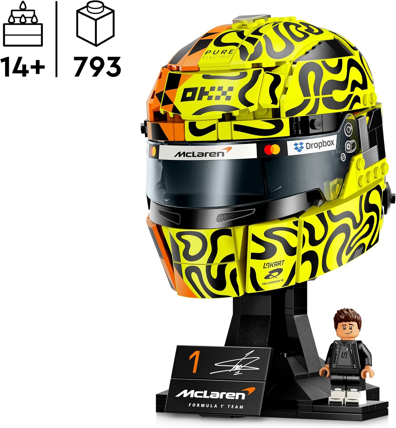 LEGO Editions McLaren Mastercard F1 Team Lando Norris Helmet - F1 Merchandise - Display Model Kit w/Collectible Minifigure - Gift for 14+ Year Old Boys & Adult Motorsport Fans - 43023