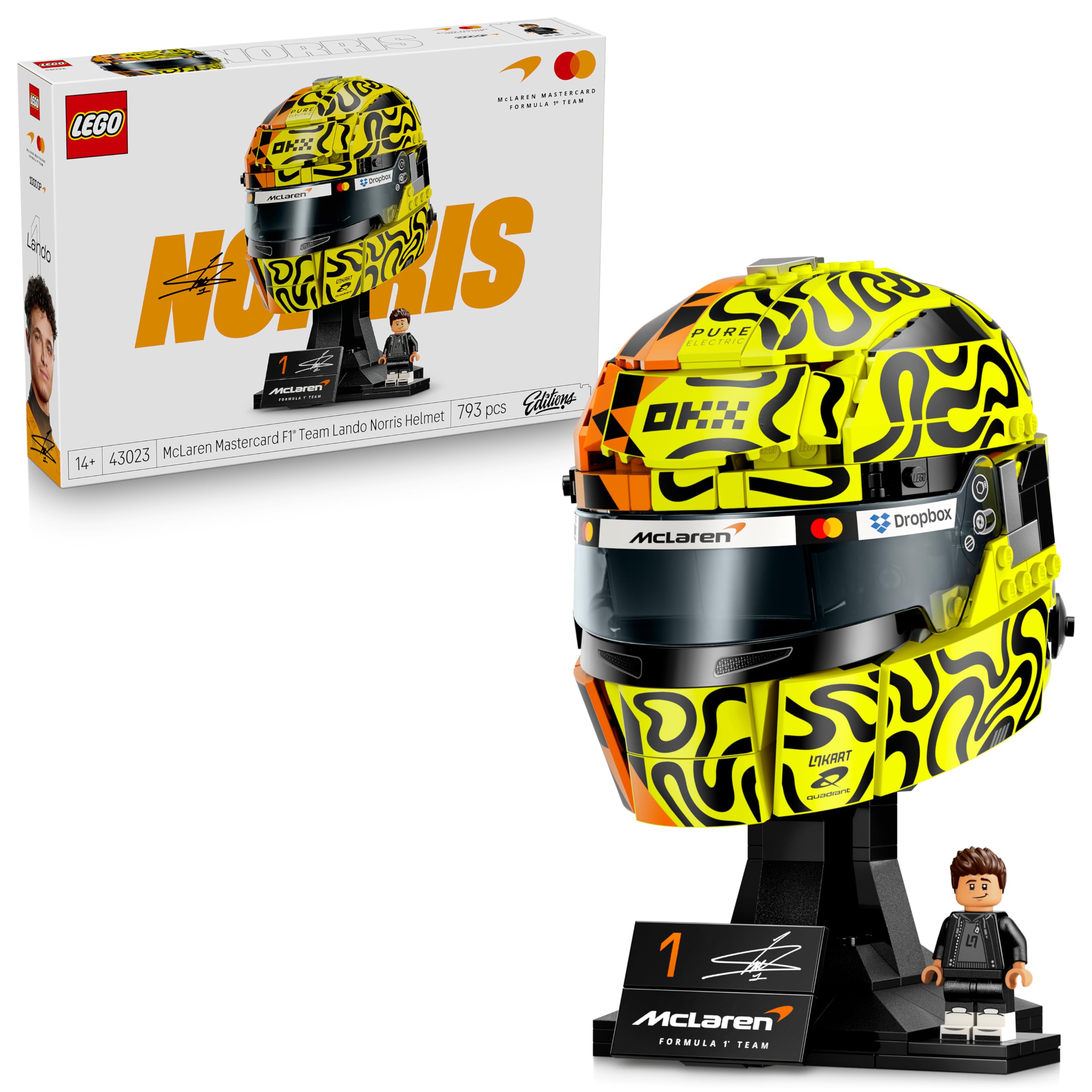 LEGO Editions McLaren Mastercard F1 Team Lando Norris Helmet - F1 Merchandise - Display Model Kit w/Collectible Minifigure - Gift for 14+ Year Old Boys & Adult Motorsport Fans - 43023