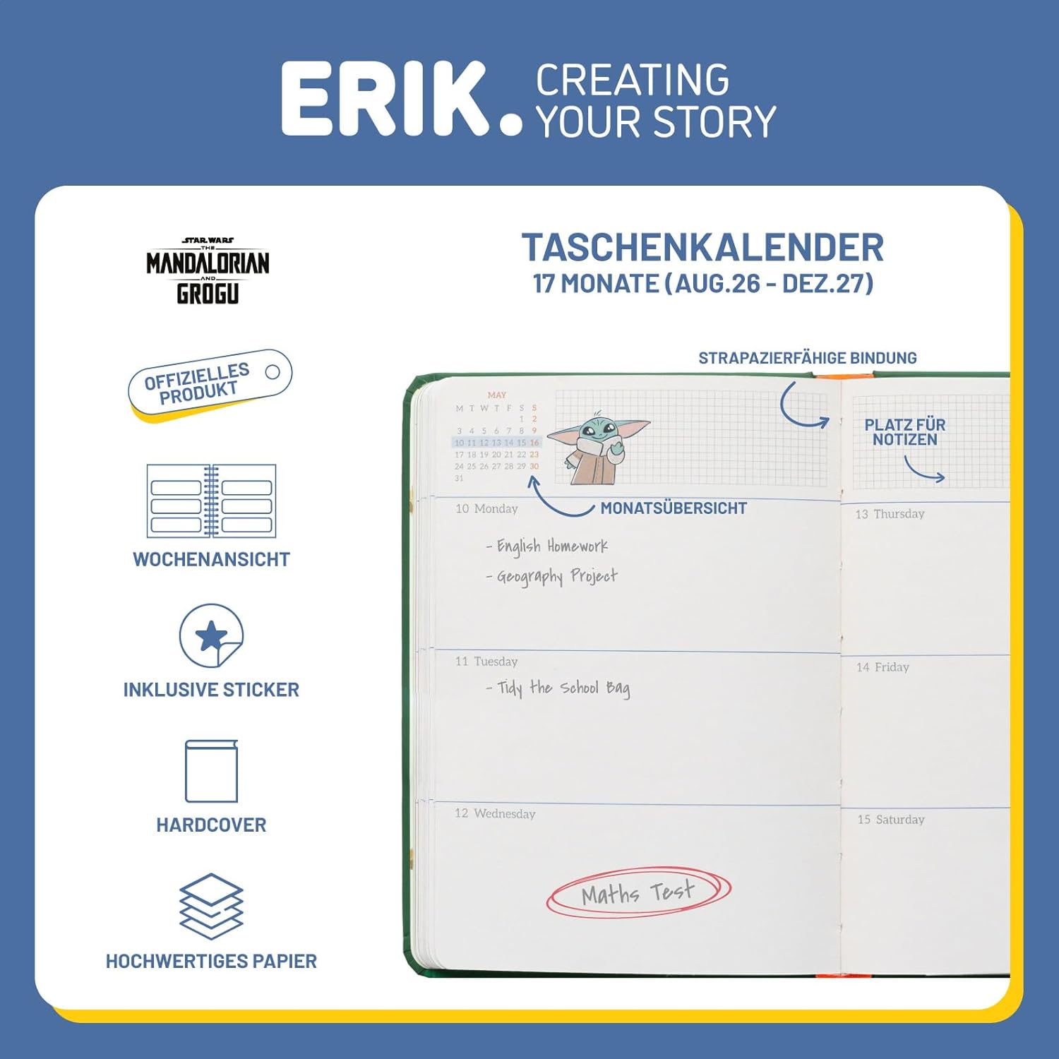 Grupo Erik Hausaufgabenheft Schulplaner 2026 2027 Star Wars The Mandalorian Yoda Taschenkalender Schülerkalender - Schulkalender Wochenplaner - Terminplaner 2026 2027 17 Monate Geschenke Einschulung