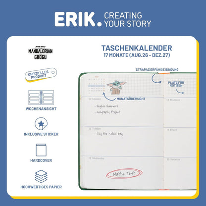 Grupo Erik Hausaufgabenheft Schulplaner 2026 2027 Star Wars The Mandalorian Yoda Taschenkalender Schülerkalender - Schulkalender Wochenplaner - Terminplaner 2026 2027 17 Monate Geschenke Einschulung