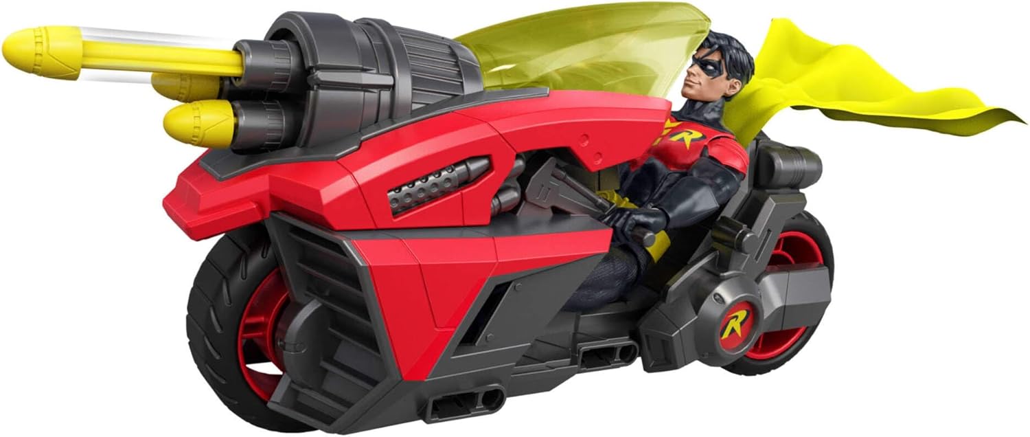 Mattel DC Premier 6.5 Inch Robin Figure & Cycle Vehicle with Projectile Launch, Exclusive Deco, Batlink Robin Cycle, JMD51