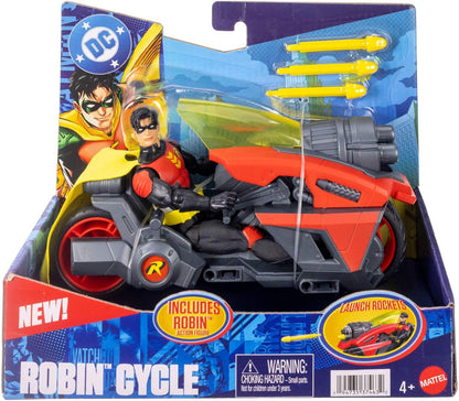 Mattel DC Premier 6.5 Inch Robin Figure & Cycle Vehicle with Projectile Launch, Exclusive Deco, Batlink Robin Cycle, JMD51