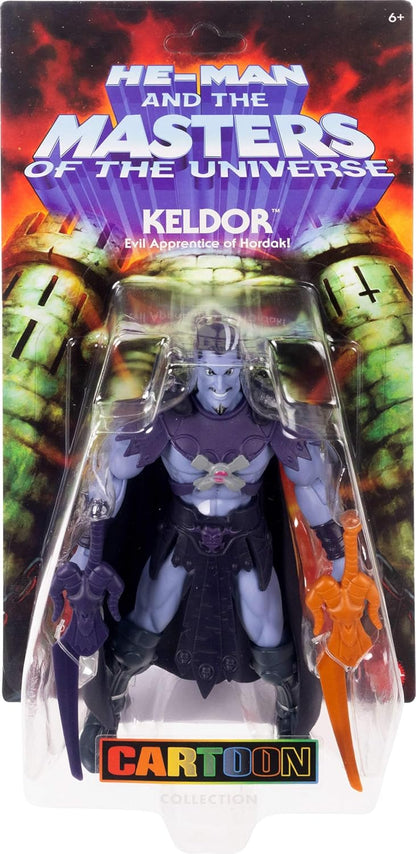 Masters of The Universe Origins Figurine Articulée Keldor de la Collection Cartoon Les Maîtres de l’Univers, Figurine de 14 cm, Reproduction détaillée avec Cape Amovible, 2 épées, JHK03