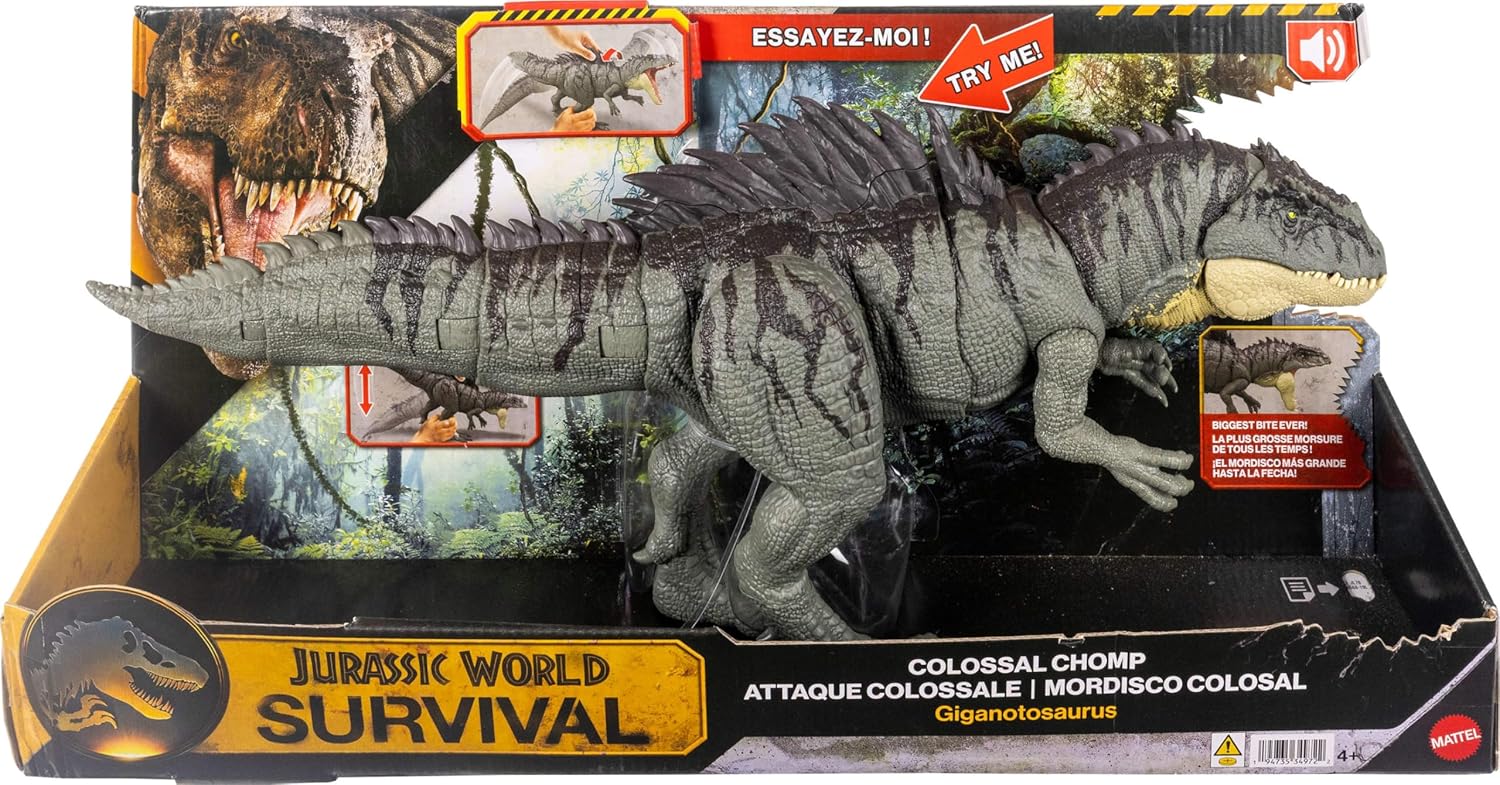Mattel Jurassic World Colossal Chomp Giganotosaurus Figure with Multi-Direction Attack, 28 Inches Long & Posable, Back Spike Action Control, JKG93