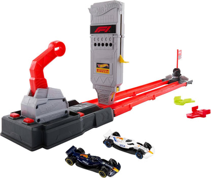 Hot Wheels Racing F1 Toy Car Track Set with 1:64 Scale Oracle Red Bull & Visa Cash App Racing Bulls Formula One Team Vehicles, JNN35