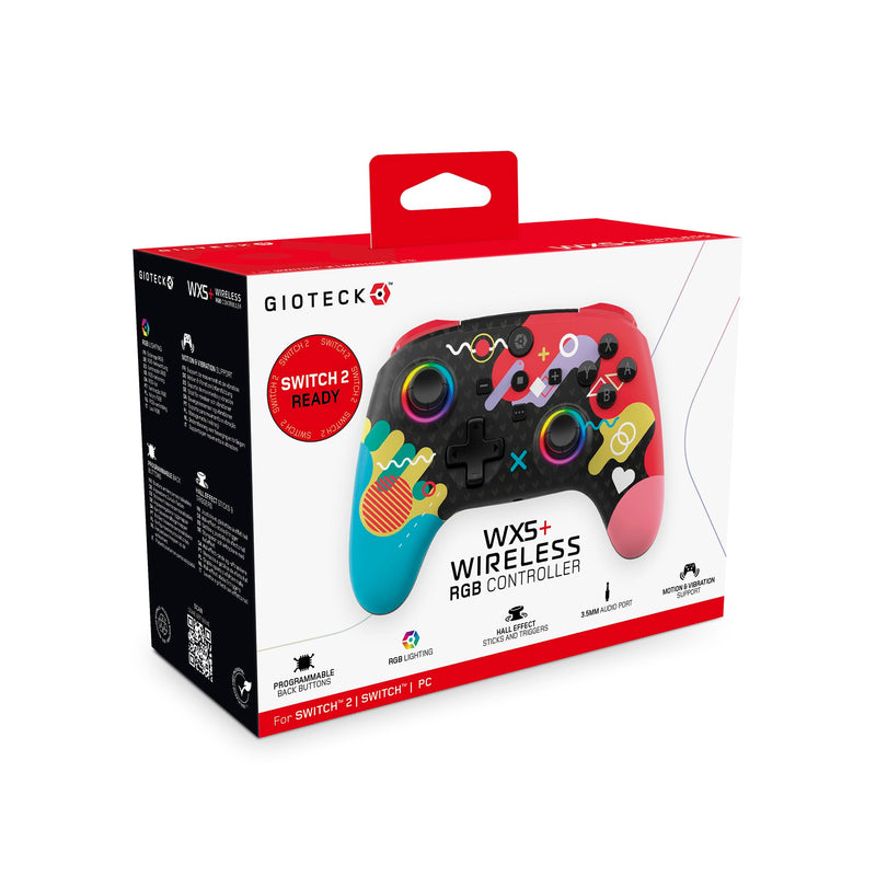 Gioteck WX5+ Doodle - Wireless Controller for Nintendo Switch 2 - Chat Menu Button - Hall Effect Thumbs and Triggers - Customisable RGB - Programmable Back Buttons