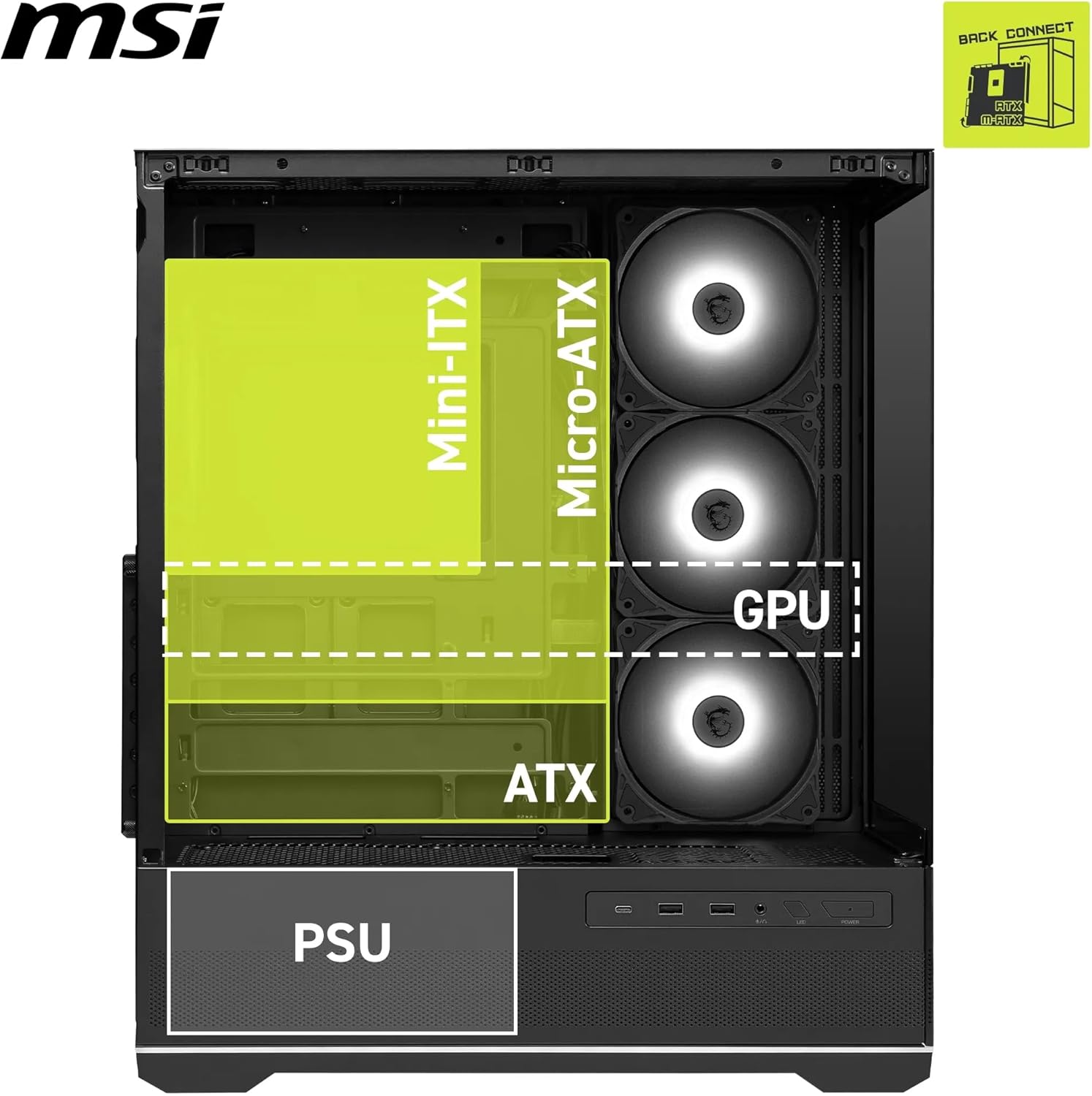 MSI MAG PANO 110R PZ - Mid-tower Gaming PC Case - Supports up to 400 mm GPU in length, Removable Dust Filters, USB 20Gbps (Type-C), Back-connect ATX & Micro-ATX Motherboard support