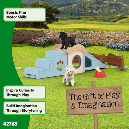 Schleich Farm World | Abenteuerzeit für Welpen 42763 | Set mit 2 Hunden, Hundehütte, Rampe, Treppe & Zubehör | Detailgetreues Bauernhof Spielzeug | Geschenkidee für Kinder ab 3 Jahren | 12 Teile