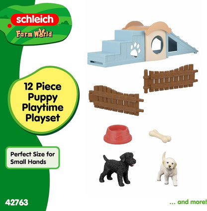 Schleich Farm World | Abenteuerzeit für Welpen 42763 | Set mit 2 Hunden, Hundehütte, Rampe, Treppe & Zubehör | Detailgetreues Bauernhof Spielzeug | Geschenkidee für Kinder ab 3 Jahren | 12 Teile