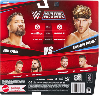 Mattel WWE Main Event Showdown Action Figures 2-Pack & Accessory | Series #27 Jey Uso vs Logan Paul Collectible Set, 6-inch Action Figures with accessory, JHJ63