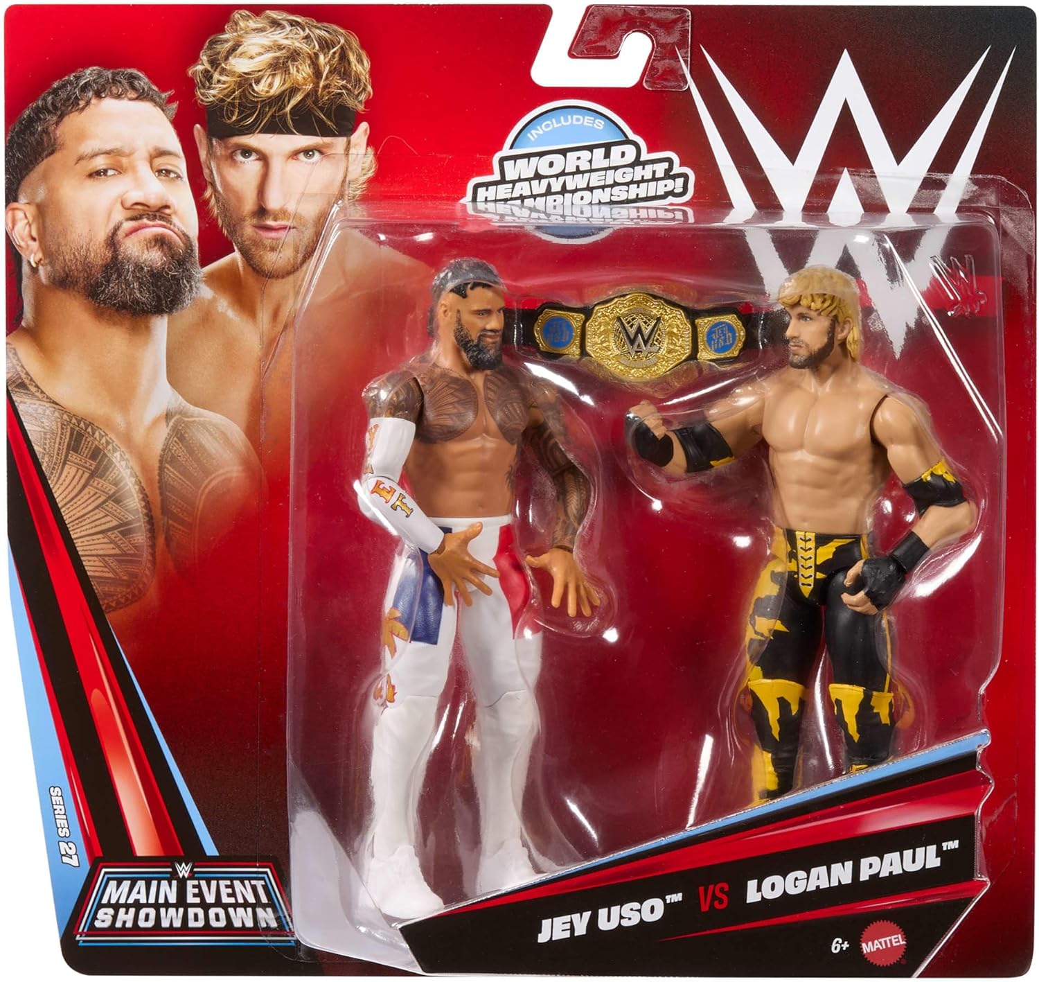 Mattel WWE Main Event Showdown Action Figures 2-Pack & Accessory | Series #27 Jey Uso vs Logan Paul Collectible Set, 6-inch Action Figures with accessory, JHJ63