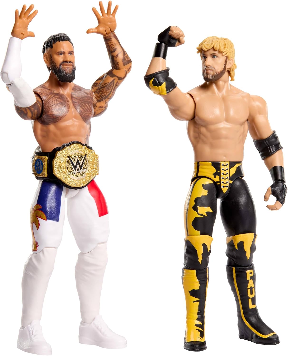 Mattel WWE Main Event Showdown Action Figures 2-Pack & Accessory | Series #27 Jey Uso vs Logan Paul Collectible Set, 6-inch Action Figures with accessory, JHJ63