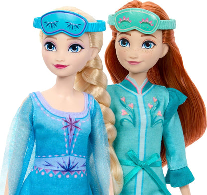Mattel Disney Frozen Toys, Anna & Elsa Fashion Dolls in Royal Fitting Nightgowns & Slippers with Olaf Figure & 12 Accessories, Slumber Sister Set