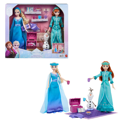 Mattel Disney Frozen Toys, Anna & Elsa Fashion Dolls in Royal Fitting Nightgowns & Slippers with Olaf Figure & 12 Accessories, Slumber Sister Set