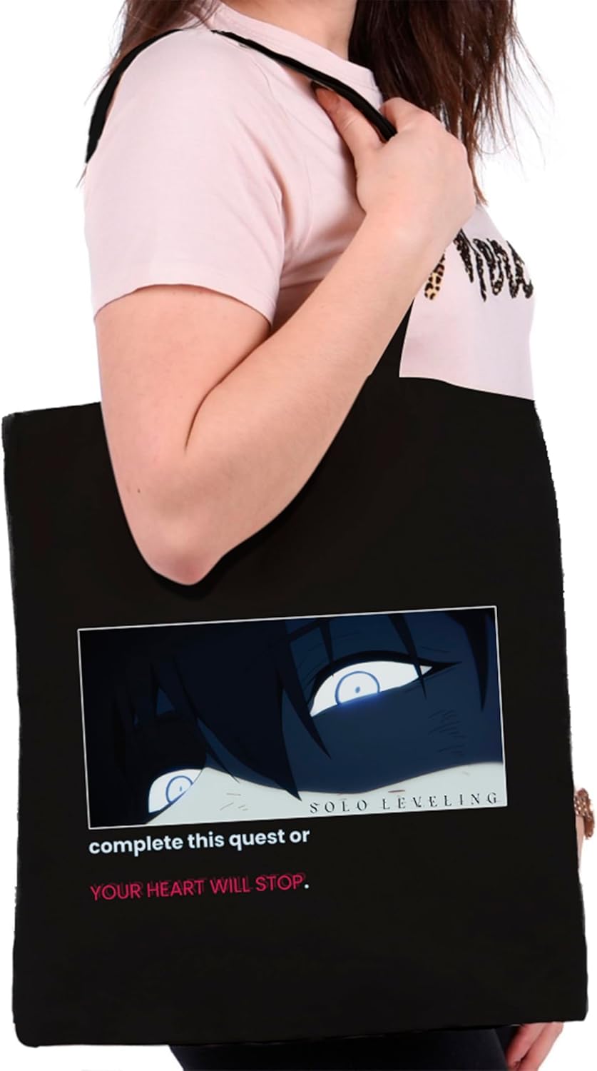 ABYSTYLE - SOLO LEVELING Tote Bag Complete this quest, Black, Dimensions : 37 x 42 cm