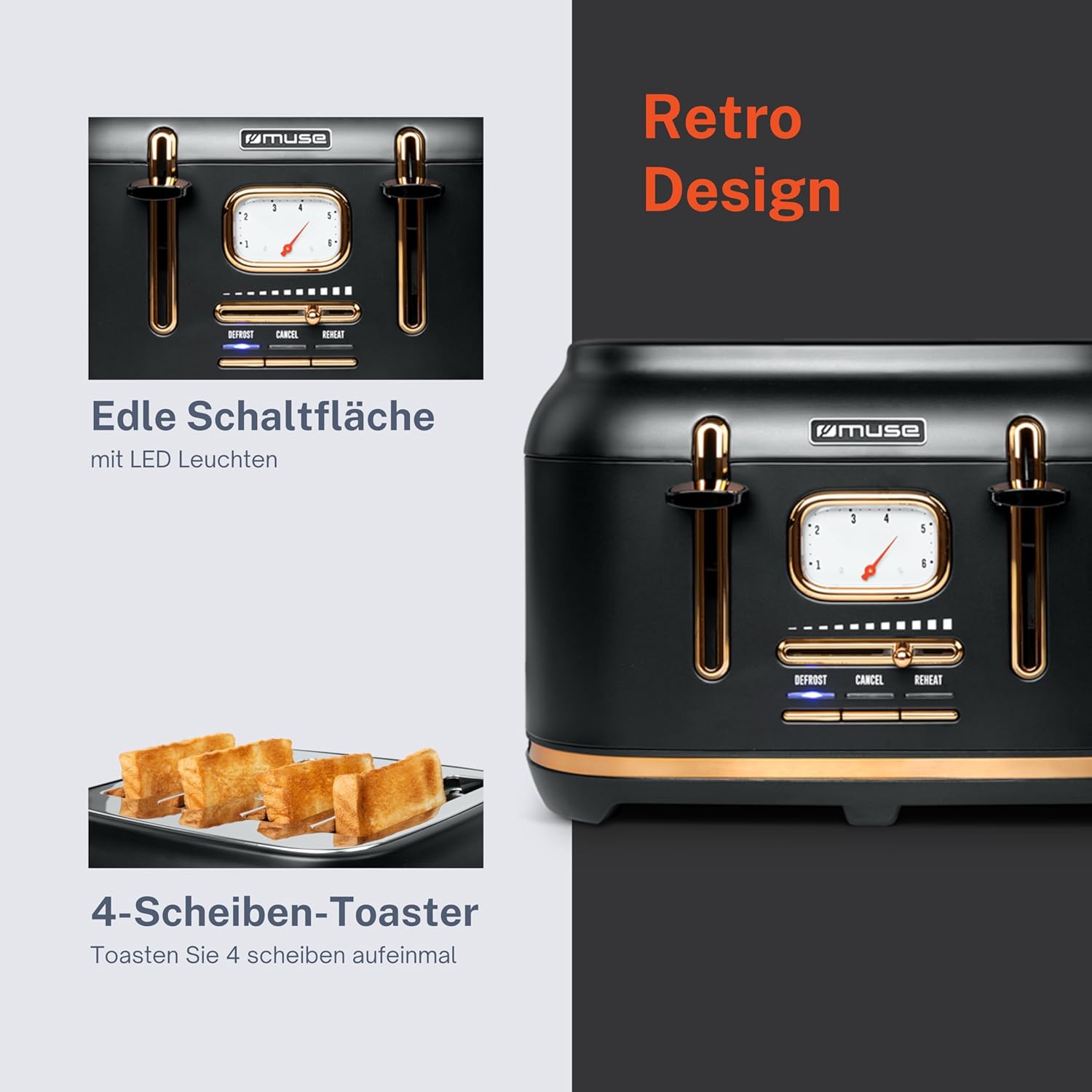 Muse: Toaster 4 Toasts 1 800 W Black/Brass