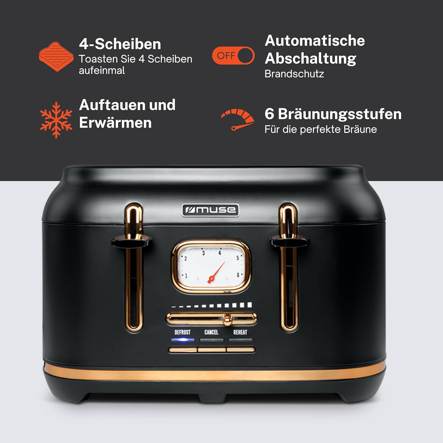 Muse: Toaster 4 Toasts 1 800 W Black/Brass