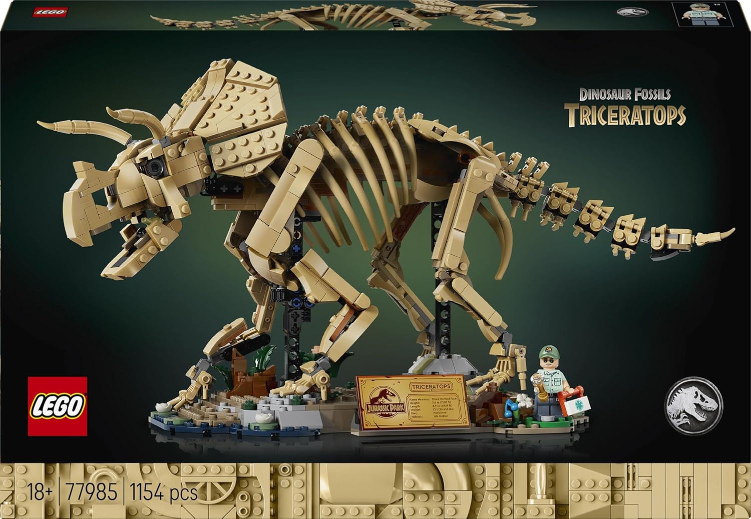 LEGO Jurassic World Dinosaurusfossielen: Triceratops – Display Bouwpakket voor Volwassenen met Dr. Gerry Harding Minifiguur – Woondecoratie – Cadeau voor Jurassic Park Fans – 77985
