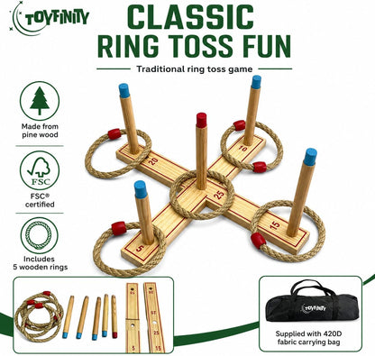 Wooden Ring Toss Game, FSC Pine Wood Garden Game Set with 5 Rings and Carry Bag, Outdoor Family Party Play