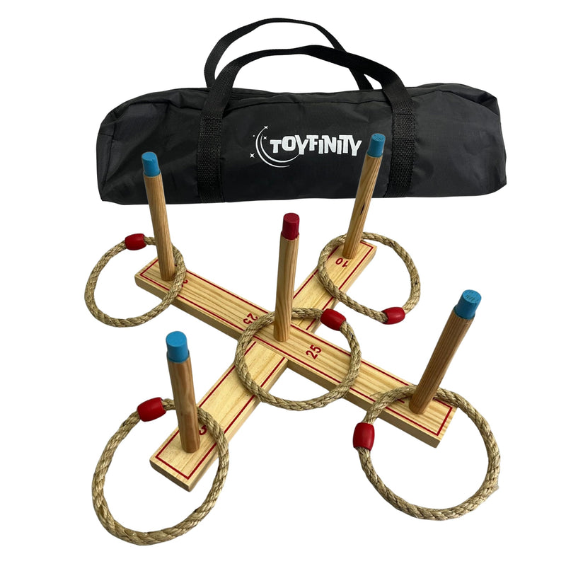 Wooden Ring Toss Game, FSC Pine Wood Garden Game Set with 5 Rings and Carry Bag, Outdoor Family Party Play